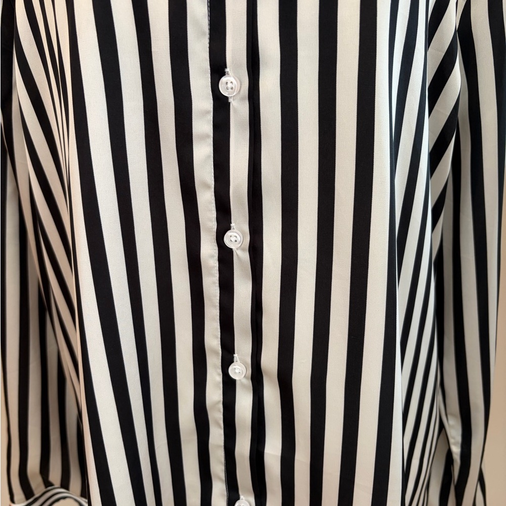 #458 Women's Black & White Vertical Stripe Button-Down Shirt. Size L - Picture 3 of 8